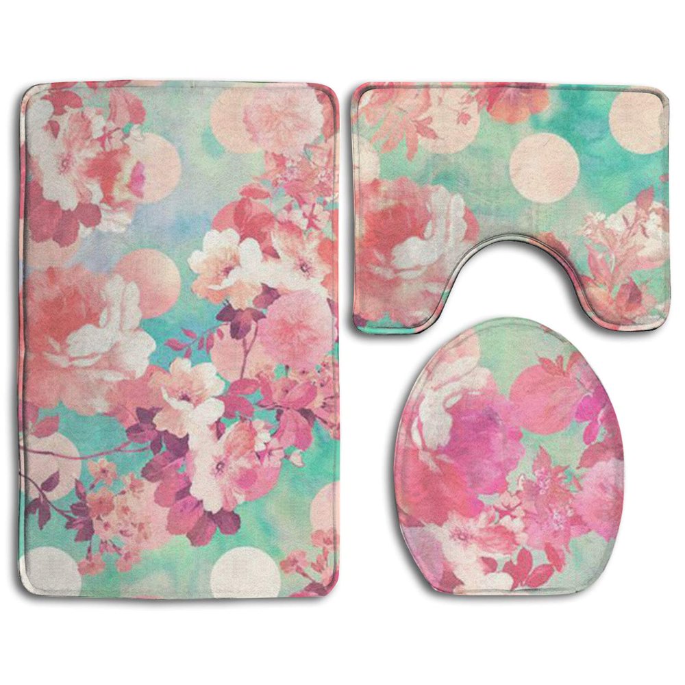 CHAPLLE Pink Floral 3 Piece Bathroom Rugs Set Bath Rug Contour Mat and