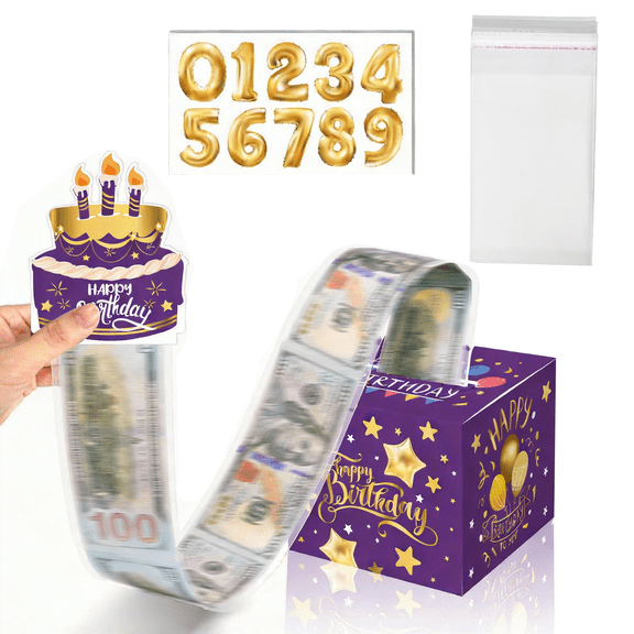 Tumao Birthday Money Box for Cash Gift, Money Roll Gift Box for Cake Pull Out Kit with Pull Out Happy Birthday Day Card and 30Pcs Transparent Bags for Women Men Surprise
