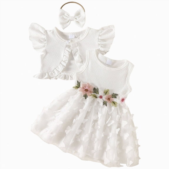 mgoYE Newborn Baby Girl Flower Dress Toddler Boho Tutu Tulle Dress with Short Sleeve Cardigan Princess Wedding Birthday Party Dresses for Girls Size 6-9 Months White