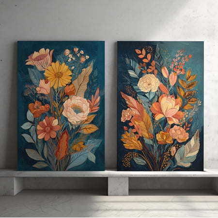 Autumn Floral Or Midcentury Bouquet Botanical Flowers Wildflower Floral Nursery Poster Set 2 Poster Only
