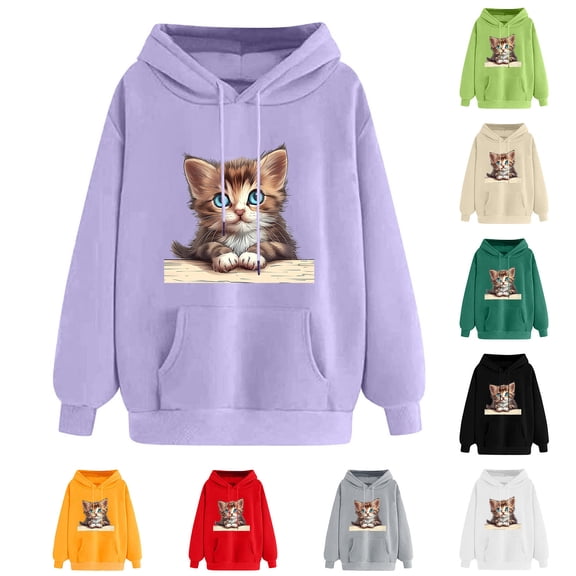 Oiangi Womens Graphic Hooded with Pockets Cute Cat Print Long Sleeve Sweatshirts Fall Winter Fashion Pullover Green L