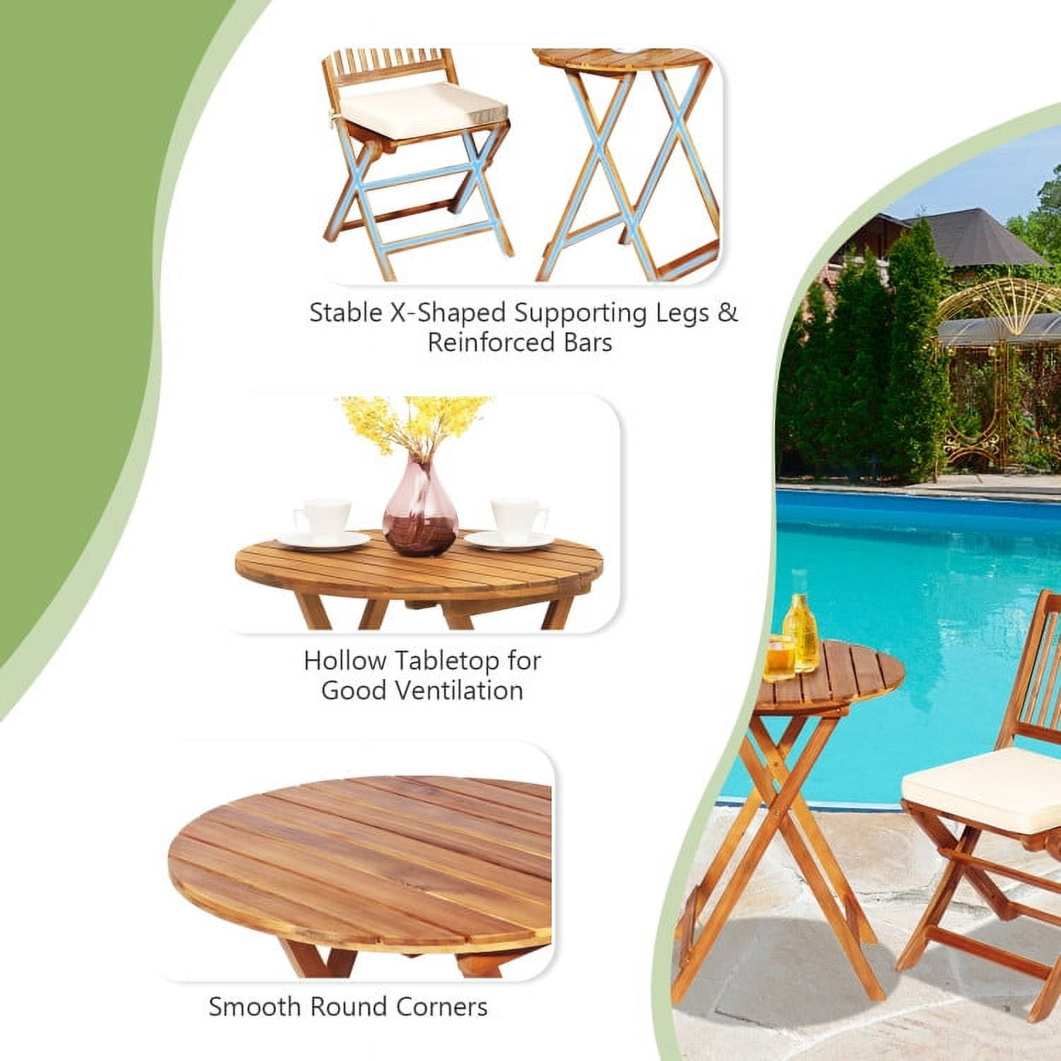 Aimee Lii 3 Pieces Patio Folding Bistro Set with Padded Cushion and Round Coffee Table, White