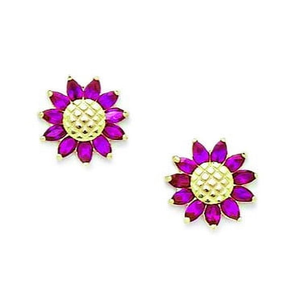 14k Yellow Gold Red Cubic Zirconia Sunflower Screw-Back Earrings - Measures 10x10mm