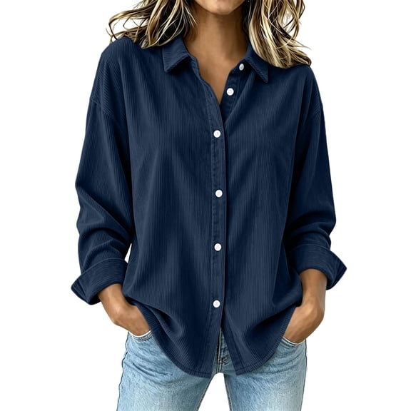 thefmos Women's Collared Button Front Corduroy Solid Color Jacket Casual Long Sleeve Retro Outerwear Fashion Fall Winter Outfit, Navy L
