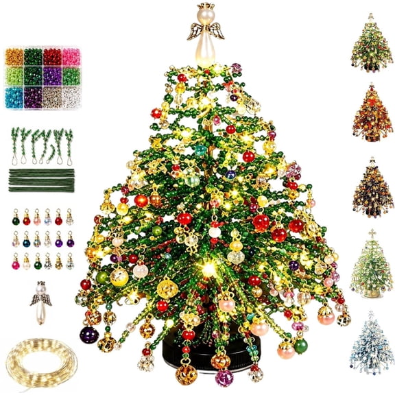 DIY Lighted Beaded Christmas Tree Kit, 3D Crystal Bead Tabletop Tree Set, Battery Box LED Christmas Craft Kits for Adults, Long-Lasting Holiday Home Decor Gifts