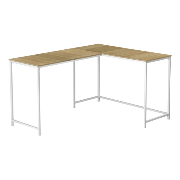 58 Inch Natural Wood Look L Shaped Computer Desk with White Metal Frame