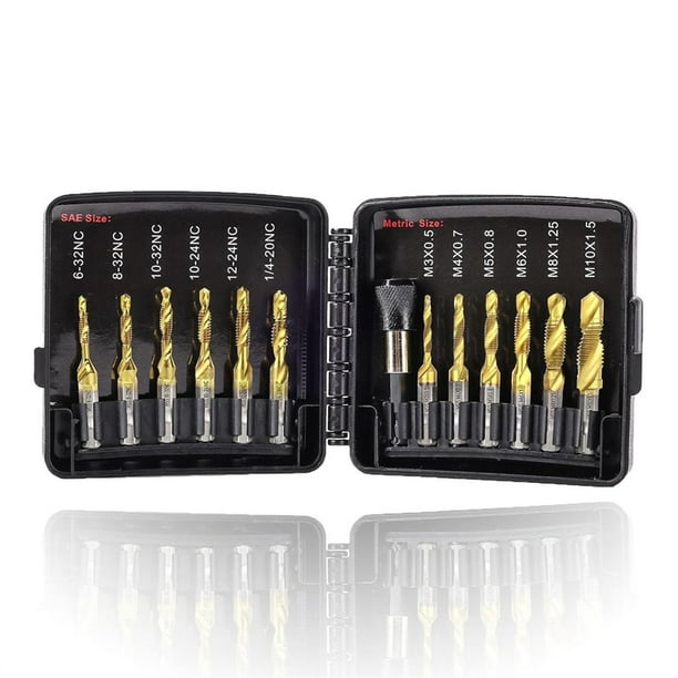 Juego de Machos de Roscar con Adaptador de Cambio Rápido de 13 Piezas, 6 Tamaños SAE, 6 Tamaños Métricos, Juego Combinado de Broca y Macho de Roscar