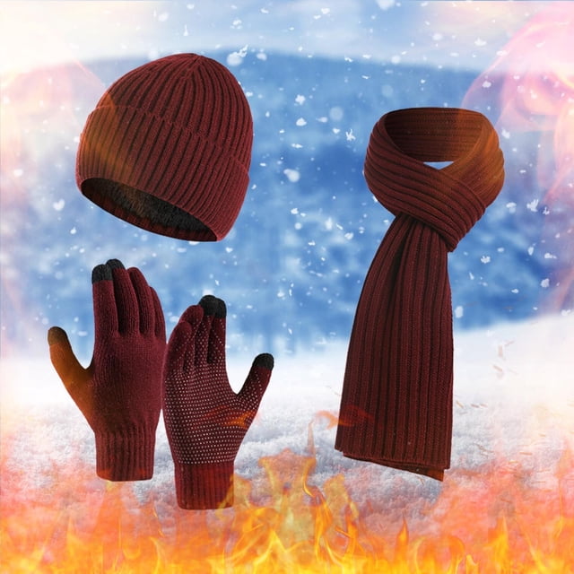 Solid Color Winter Knit Set, Cuffed Beanie with Thick Scarf and Gloves, 3-Piece Fleece Lined Set, Cold Weather Accessories, Matching Gift Set Wine
