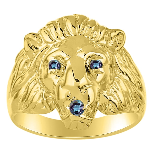 RYLOS Gold Plated Silver Lion Head Ring Color Stone Birthstones Eyes and Mouth Fun Designer Rings Alexandrite Jewelry Size 11