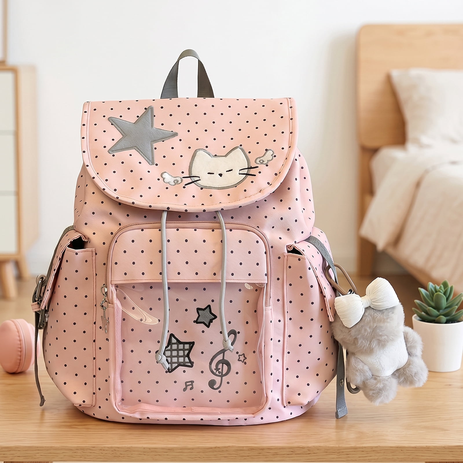 HUISZJ Large Capacity School Backpack, Polka Dot Printed School Bag, Drawstring Laptop Backpack for Students College Travel, Pink