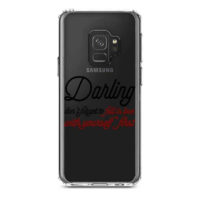 DistinctInk Clear Shockproof Hybrid Case for Samsung Galaxy S9 (5.8" Screen) - TPU Bumper Acrylic Back Tempered Glass Screen Protector - Darling Don't Forget to Fall In Love with Yourself