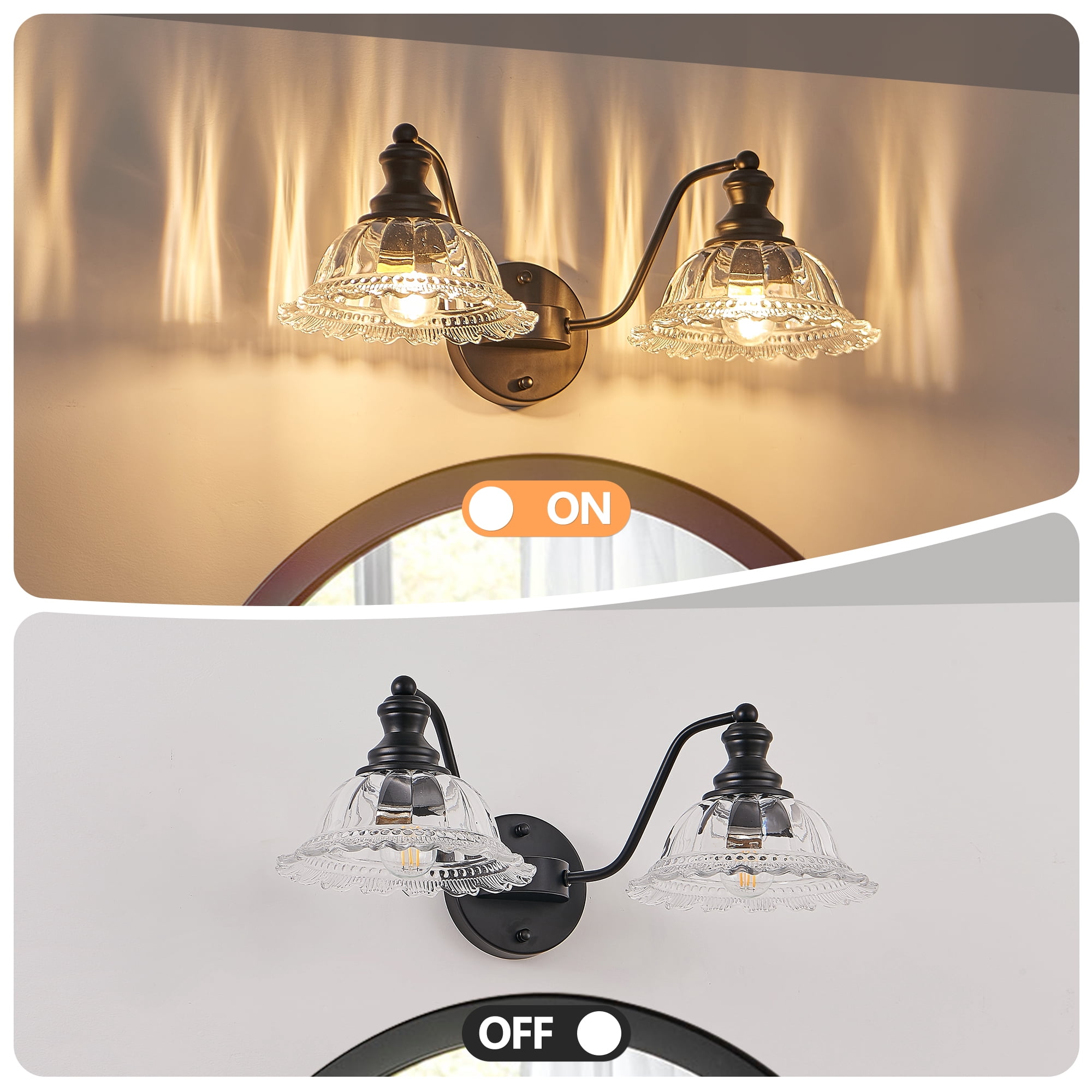 2-Light Bathroom Black Vanity Light Fixtures, Farmhouse Vanity Lights for Bathroom with Flower Glass Shade Wall Lights 20in