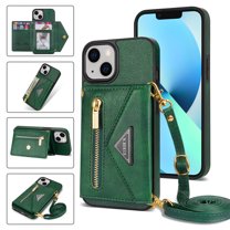 Feishell Fit for iPhone 14 (6.1 inch) Case with Adjustable Shoulder Strap,Luxury Premium PU Leather Back Magnetic Buckle Flip Card Pocket Zipper Wallet Crossbody Phone Case,Green