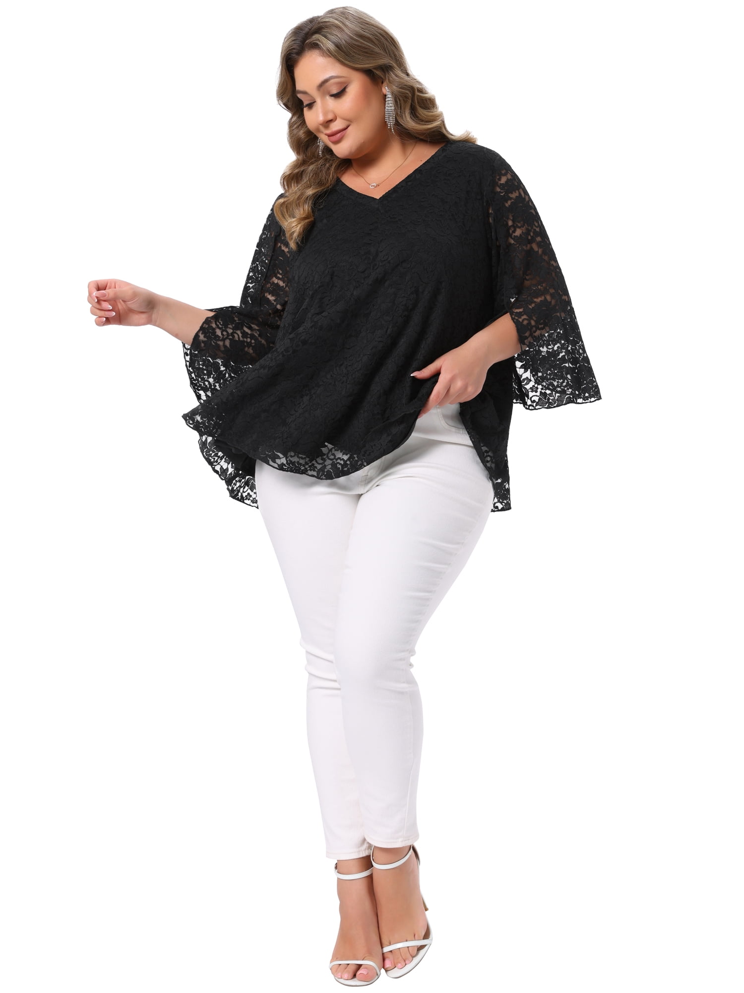 DARING DIVA Women's Plus Lace Top V-Neck Bell Sleeve Blouse Tunics 1X Black