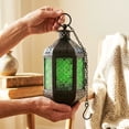 thumbnail image 4 of Hanging Moroccan Lamp Decorative Lantern with Chain for Indoor Home Decor, Outdoor Patio, Black Metal, Green Glass, 4 of 12