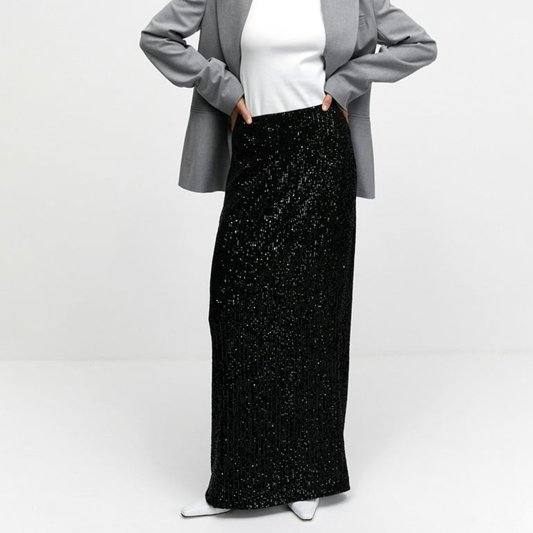 Edvintorg Sequin Long Skirts for Women Fashion Solid Color Elastic