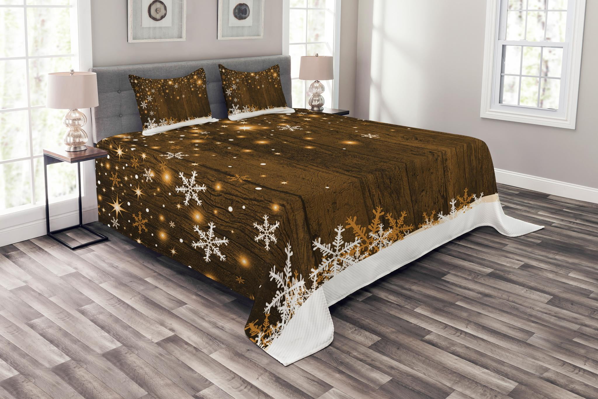 Christmas Bedspread Set, Rustic Wooden Backdrop with Snowflakes and