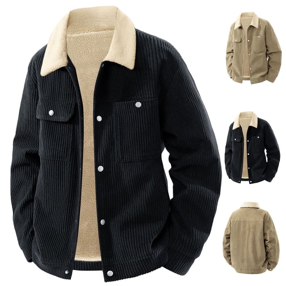 Zedker Women's Corduroy Jacket Sherpa Fleece Lined Warm Winter Coat Button Down Casual Jackets for Men with Pockets Black L