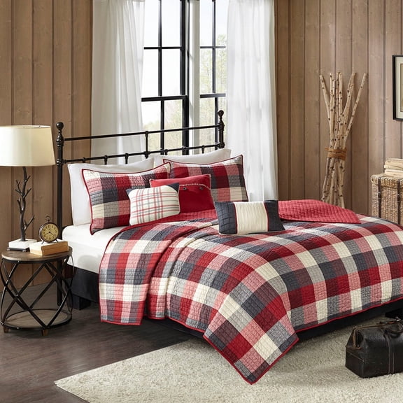 Noaman 6 Piece Printed Herringbone Quilt Set with Throw Pillows Red King/Cal King, Buffalo Plaid Pattern, Reversible Design