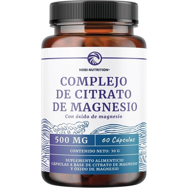 Citrato de Magnesio Nobi Nutrition 500 mg, Suplemento de Alta Absorción con Óxido de Magnesio Elemental, Sin OGM y Sin Soja, 60 Cápsulas