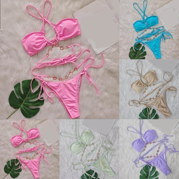 Lovzfmll Women's Bikini Set, Gem Embellished Solid Color Longline Top and String Bottoms, Bathing Suit for Fashion Beach