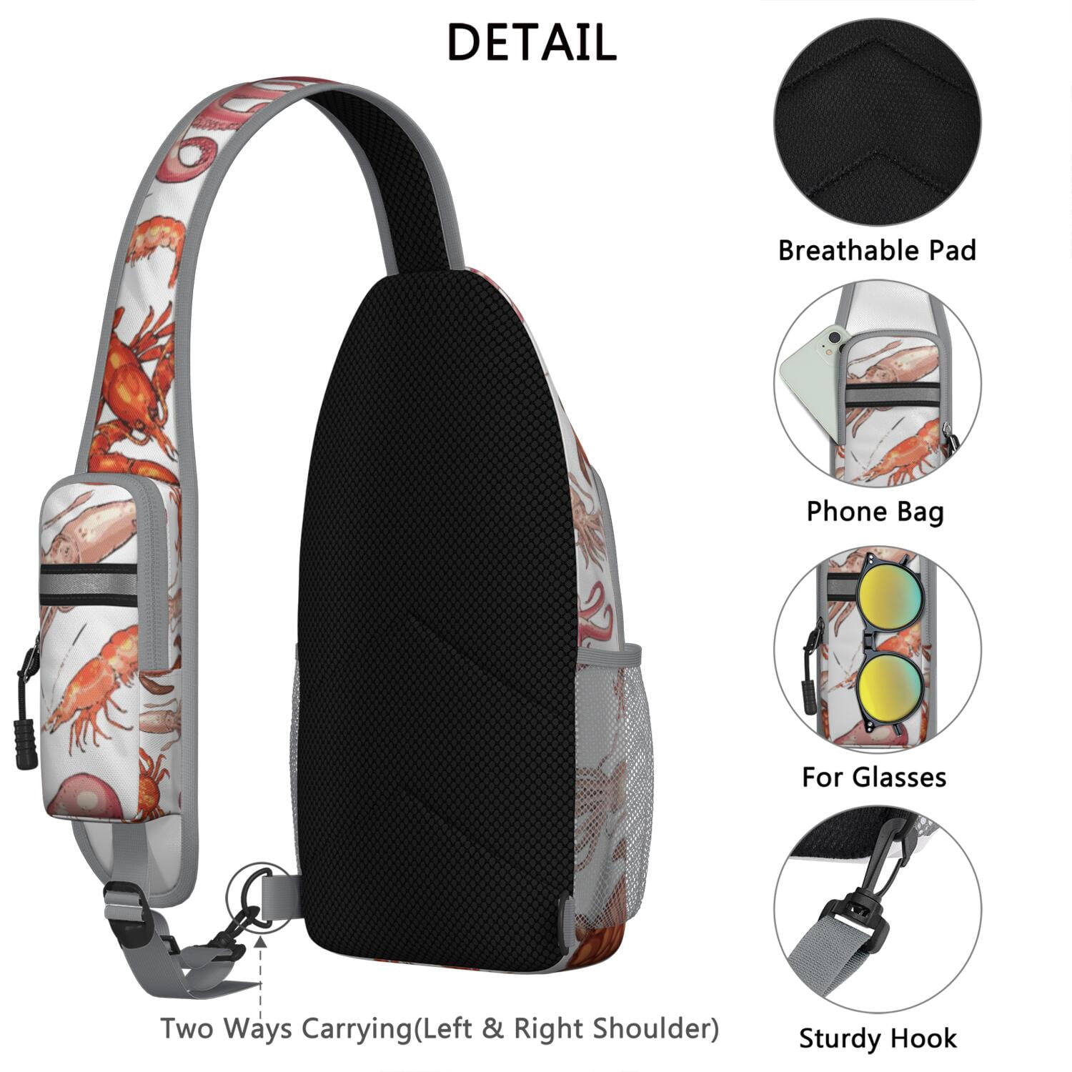 Crossbody Sling Backpack for Women Men Crab Shrimp Octopus Llobster Sea and Turtle Shoulder Sling Crossbody Casual Chest Bag for Travel Sports Running Hiking