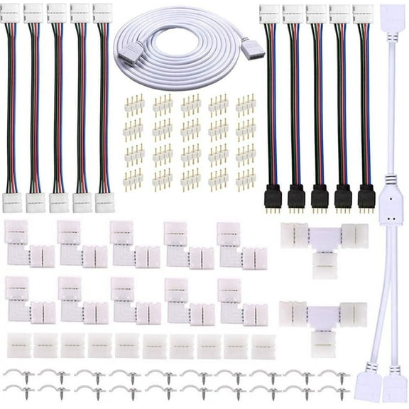 SONGAUN 10mm 4pin 5050 RGB LED Strip Solderless Connector Kit- Includes 6.6FT Extension Cable,2 Way Splitter,L and T Shape connectors