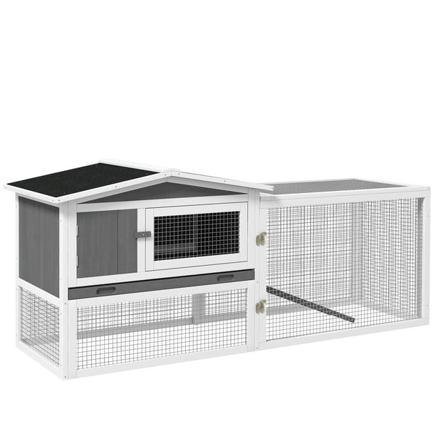 PawHut Wooden Rabbit Hutch Bunny Hutch Outdoor Guinea Pig House, Grey ...
