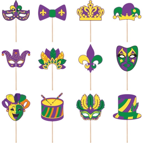 12 Pieces Mardi Gras Cupcake Toppers Masquerade Face Covering Cupcake Toppers for Mardi Gras Party Decorations Masquerade Party Supplies