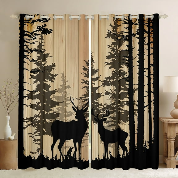 Manfei Wildlife Deer Elk Black Out Curtains for Man, Rustic Farmhouse Wooden Plank Curtains Pack of 2 (42x63 Each), Brown Animal Bedroom Curtains, Curtains and Drapes Bedroom Decor