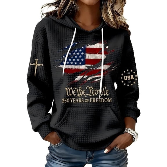 Women's We The People 250 Years of Freedom Hoodie,American Flag Cross Waffle Patriotic Hooded Sweatshirt with Pocket