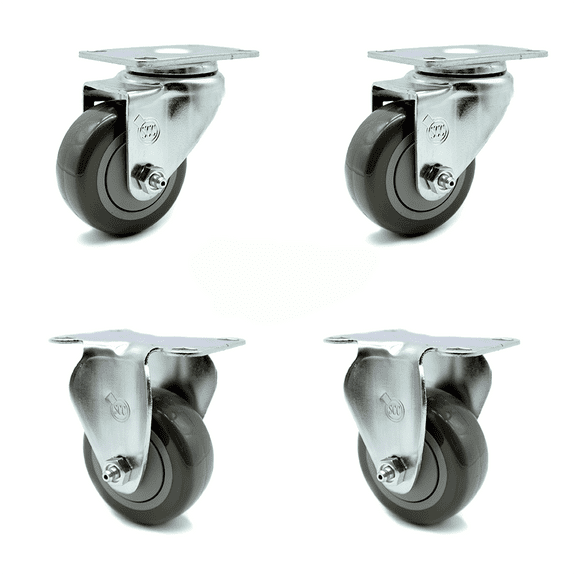 3.5 Inch Gray Polyurethane Wheel Swivel Top Plate Caster Set with 2 Rigid SCC