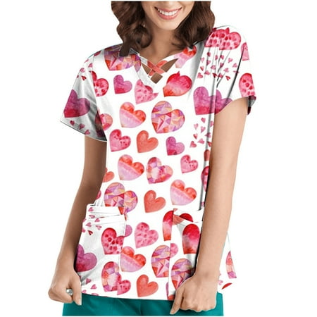 

Women s Valentine s Day Scrub Tops Fashion Love Heart Graphic Print Fit Crewneck Shirts Basic Lightweight Short Sleeve Pullover Vacation Tee