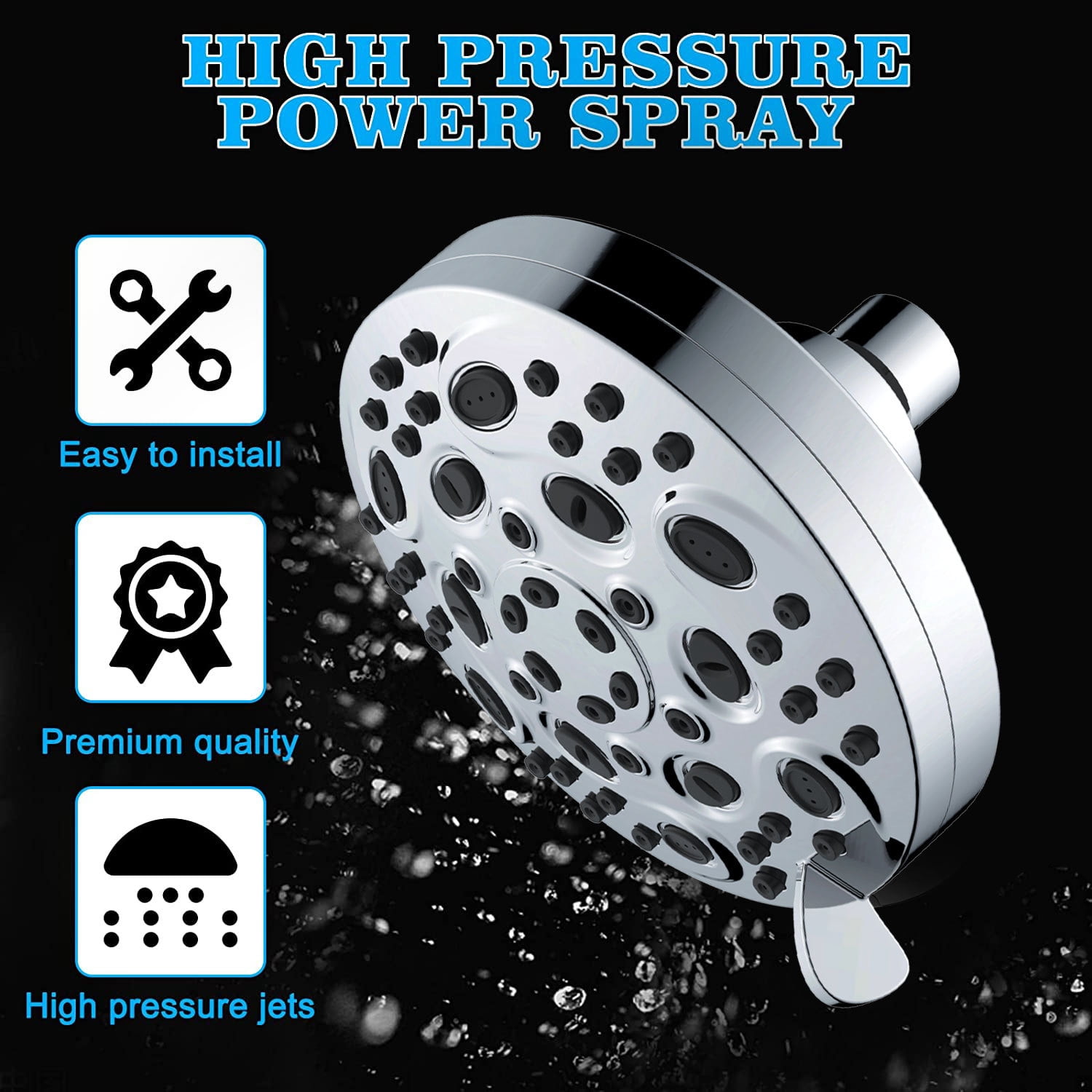High Pressure Shower Head 5" Rain Fixed Showerhead 8-Spray Setting with Adjustable Brass Swivel Ball Joint - Excellent Replacement for Your Bath Shower Head