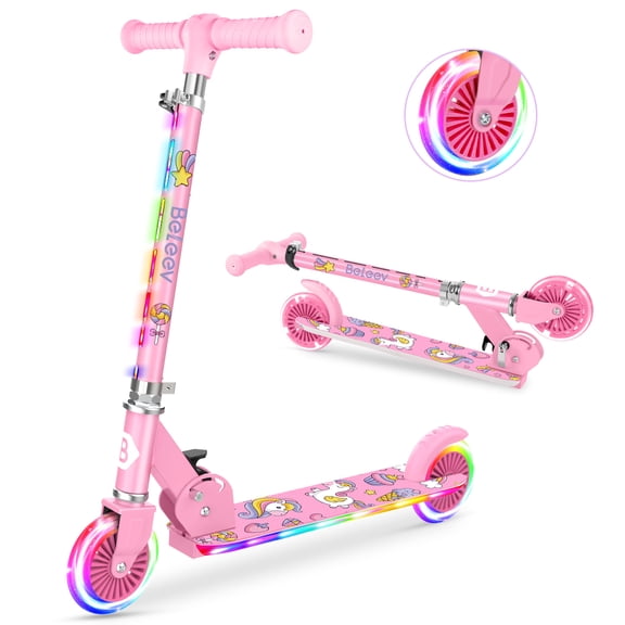 BELEEV Scooter for Kids with Light-Up Wheels, 2 Wheel Folding Scooter for Children, 4 Adjustable Height, Lightweight Kick Scooter with Handy Kickstand for Children Ages 3-12, Purple