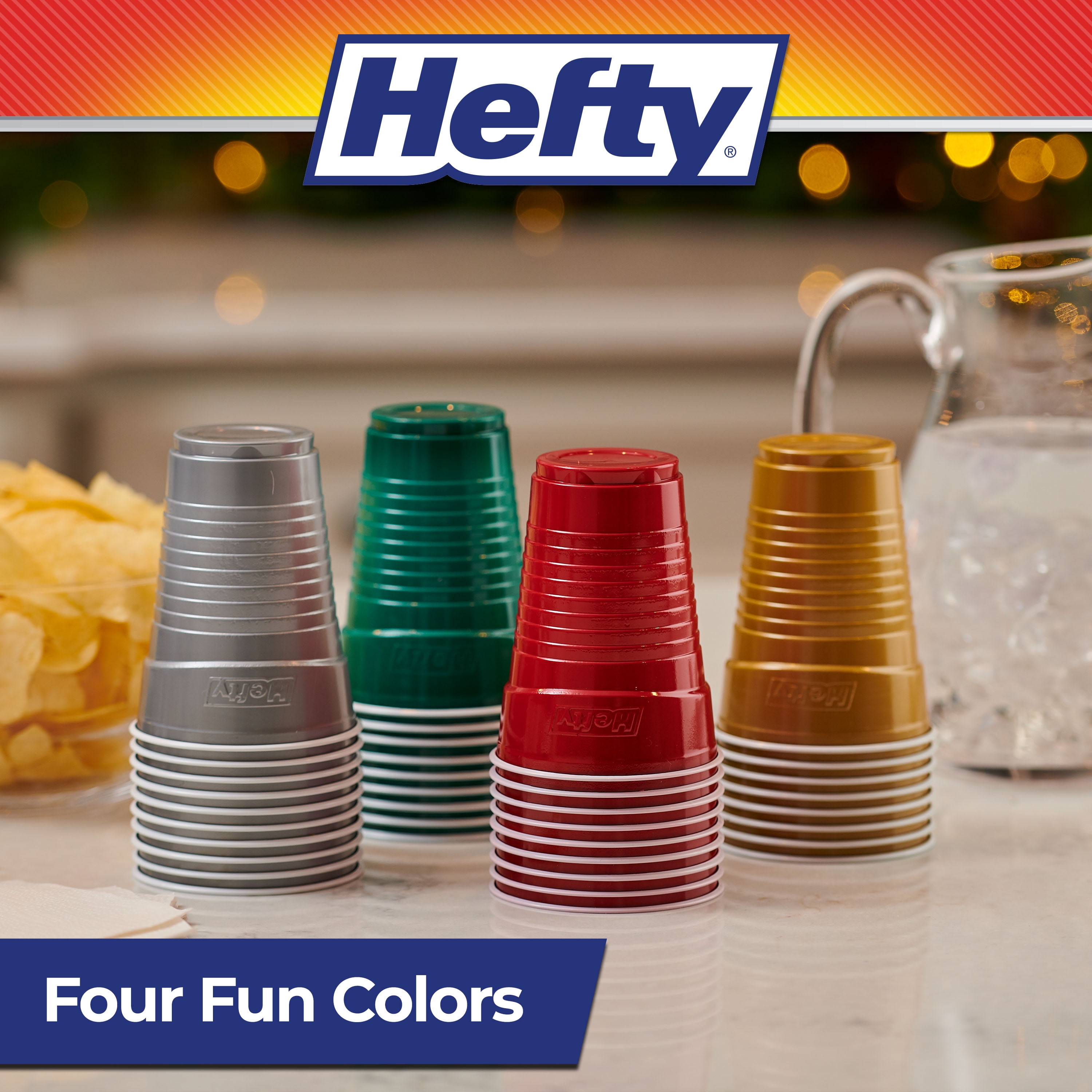Hefty Party On Plastic Cups, Holiday Assorted Colors, 16 Ounce, 100 Count