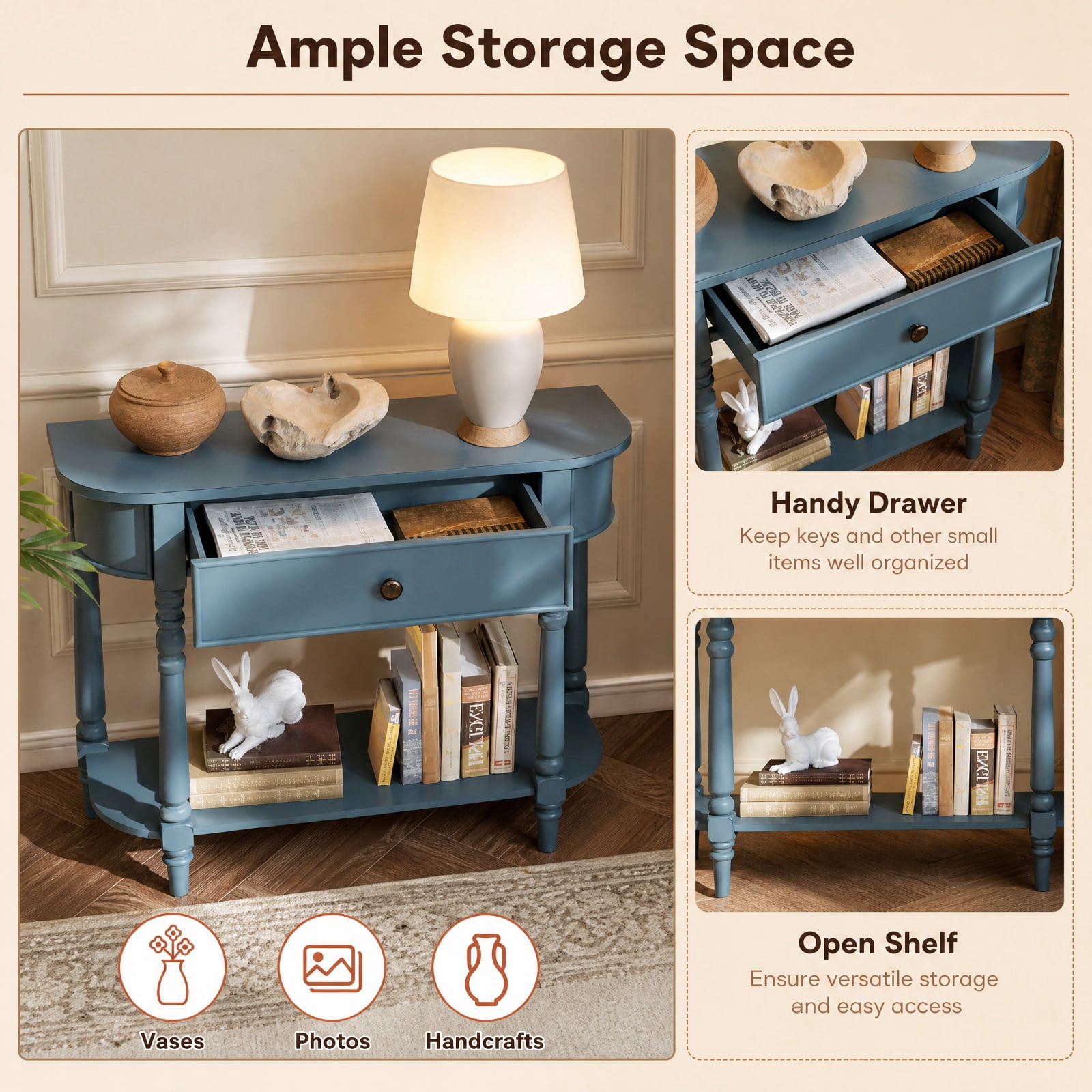 Furnibear Retro Narrow Console Table 36 Inch Wooden 2 Tier Sofa Table with Drawer for Entryway Hallway and Behind Couch, Blue