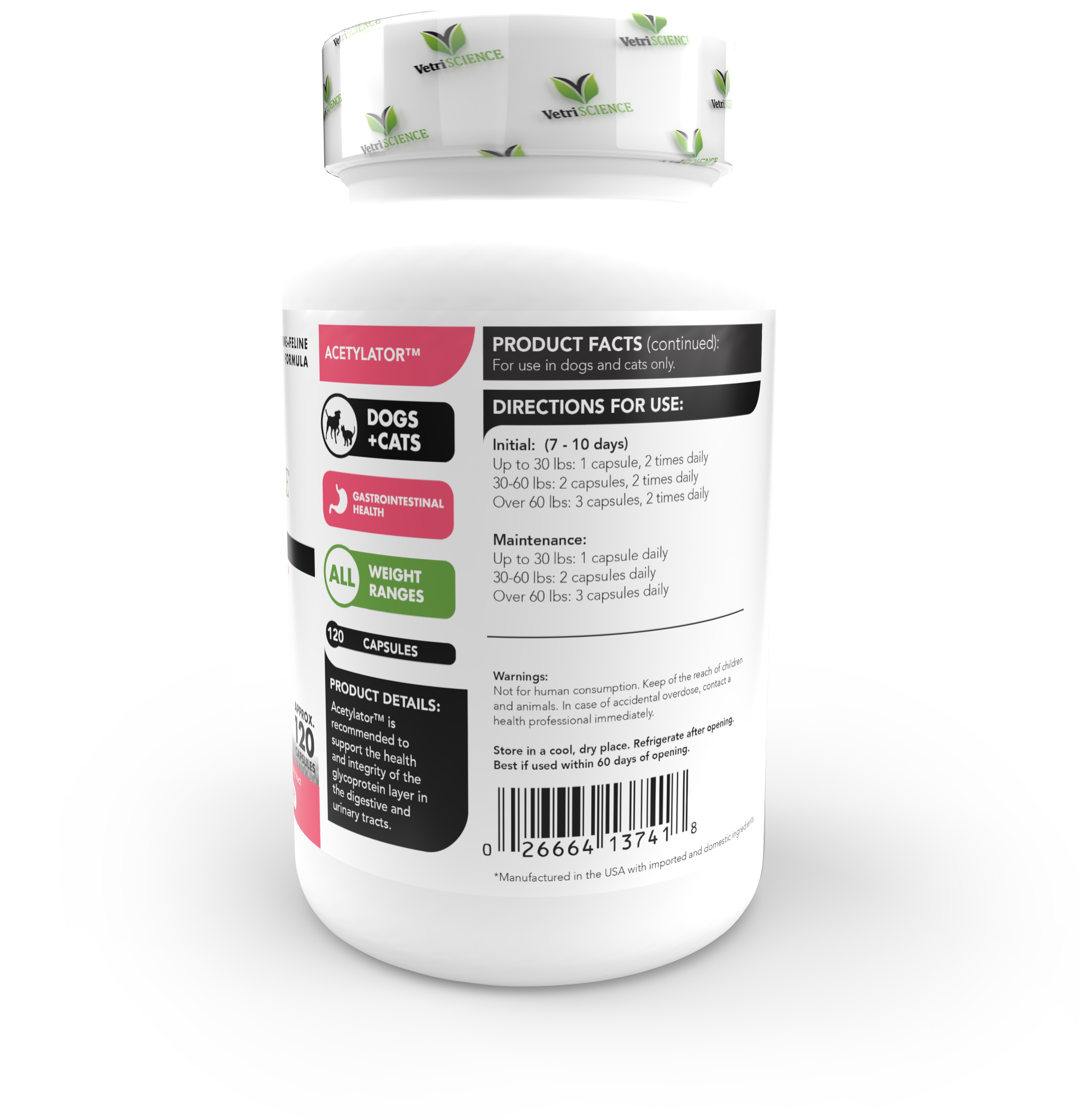 VetriScience Acetylator Digestive Health for Dogs & Cats, 120 Capsules
