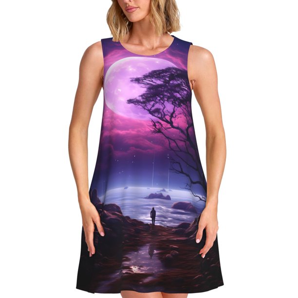 Easygdp Purple Moon Tree Night Sky para Vestido Transpirable de Mujer, Vestido Suelto de Manga Corta con Pliegues y Bolsillos para el Verano