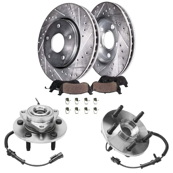 Detroit Axle - Front Wheel Bearing Hubs Brake Kit for 2009-2011 Dodge Ram 1500, Wheel Bearing Hubs Drilled Slotted Disc Brake Rotors Ceramic Brakes Pads Replacement : 13.23" inch Rotor