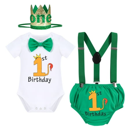 

IBTOM CASTLE Baby Boys Wild One First Birthday Outfit Bow Tie Romper Suspenders Short Pants & Headband Cake Smash Leisure Clothes Set 4-Piece