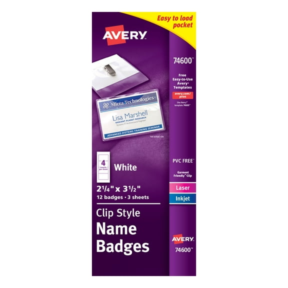 Avery Top-Loading Clip-Style Name Badges, 2-1/4" x 3-1/2", 12 Badges