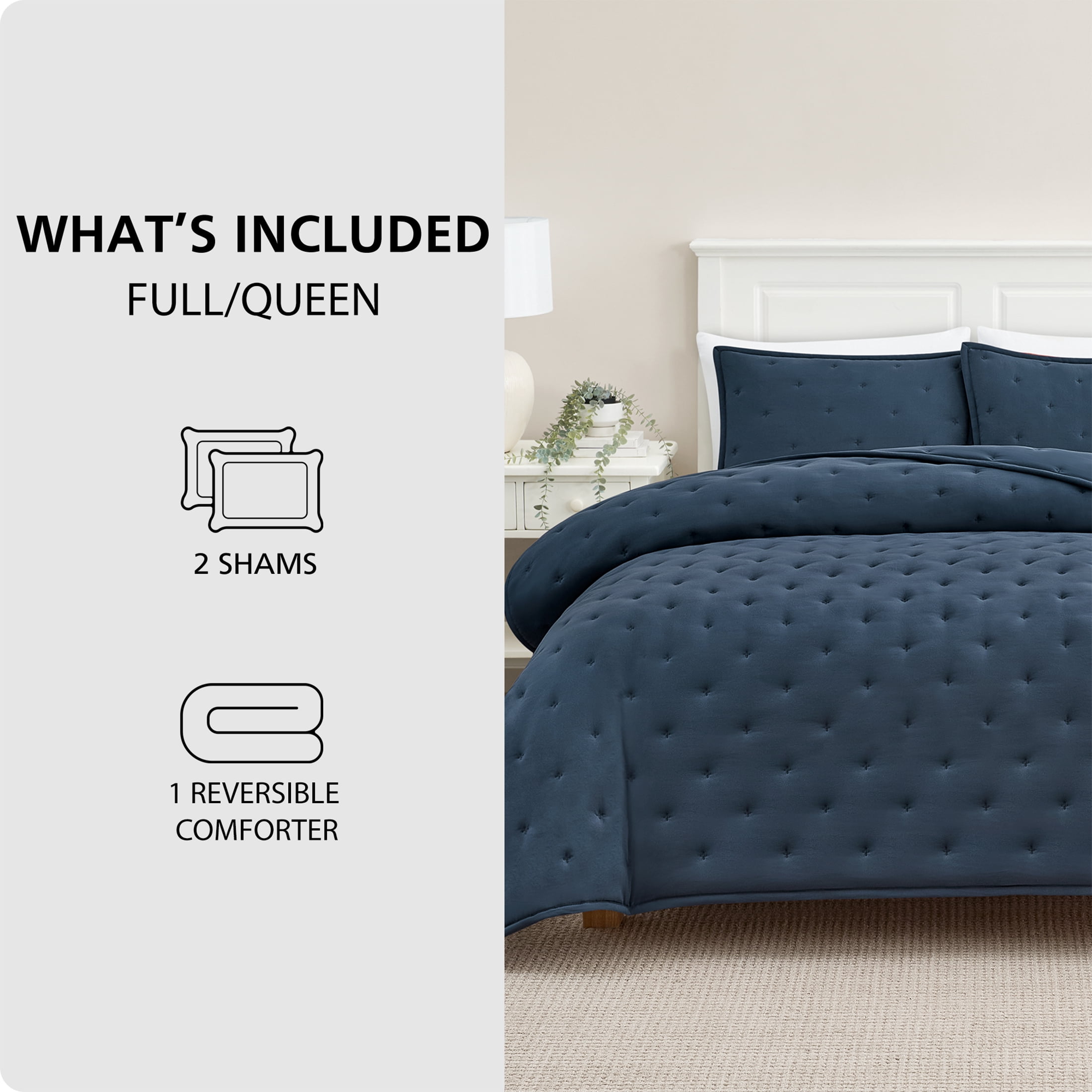 Mainstays King Comforter Set, All-Season, 3-Piece, Navy