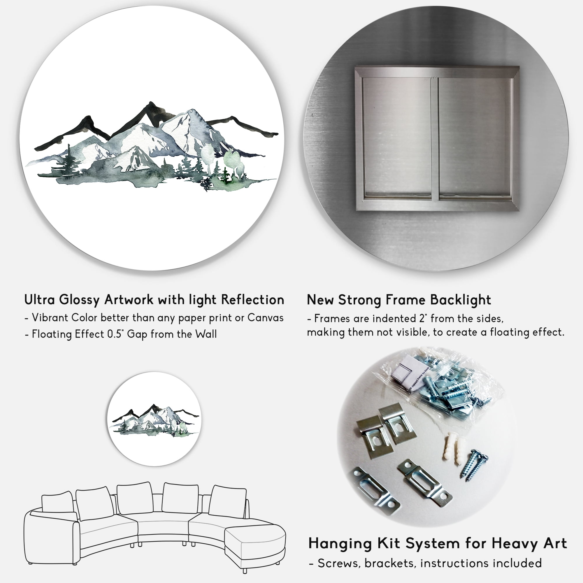 Designart 'Minimalistic Fir Forest and Winter Mountains I' Modern Circle Metal Wall Art 36x36 - Disc of 36
