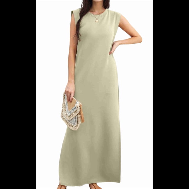Vestido Maxi de Verano 2025 para Mujer, Informal, Holgado, con Abertura, Sin Arrugas, , con Cuello Redondo y Bolsillos, Color Caqui S