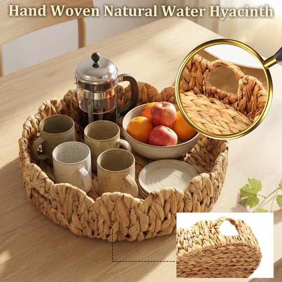Wicker Coffee Table Tray, 15.7 Inch Round Scalloped Serving Tray with Handles, Water Grass Decorative Basket for Table Centerpiece