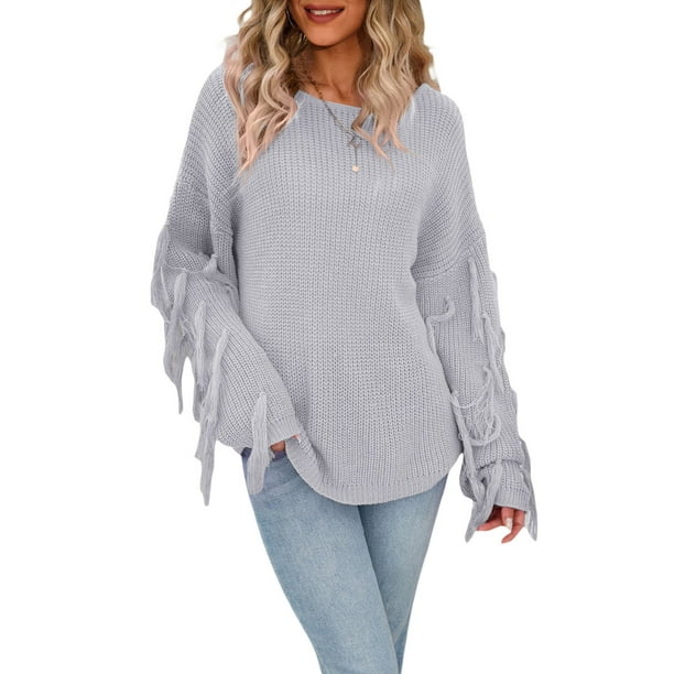 VISgogo Suéter de talla grande para mujer, suéter de punto con flecos de cuello redondo de manga larga de color sólido informal VISgogo moda