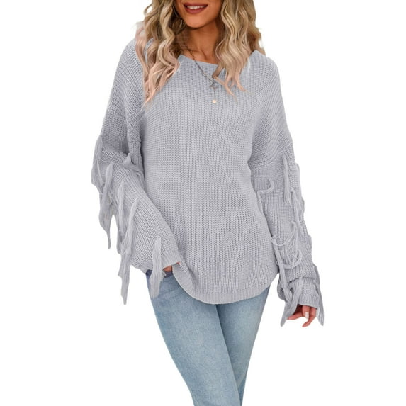 Seyurigaoka Women Knit Pullover Long Sleeve Tassel Blouse Tops Plus Size Casual Solid Color Round Neck Fringed Sweater