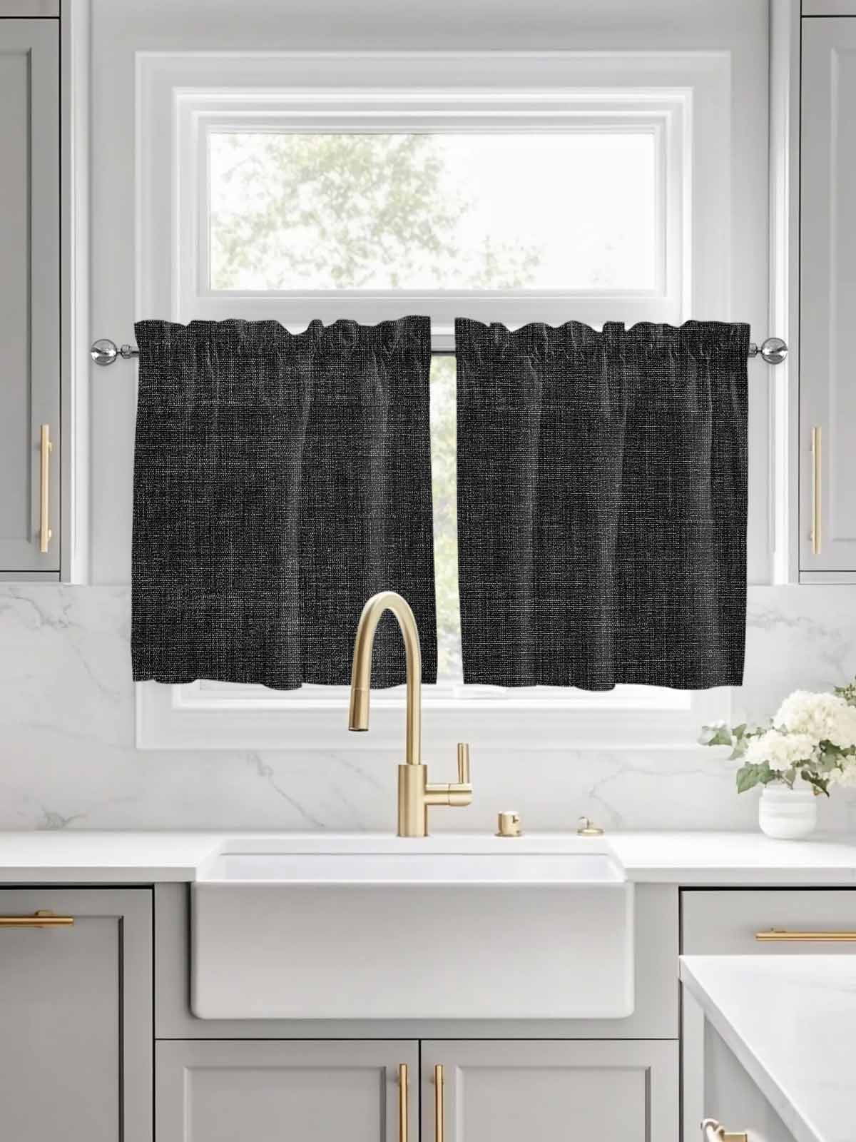 Black Half Window Curtain 36 Inches Long, Farmhouse Burlap Solid Black Color Modern Linen Texture Window Treatment Curtain Drapes, Small Tier Curtains for Bathroom Over Sink, 27.5"x36", 2 Panels