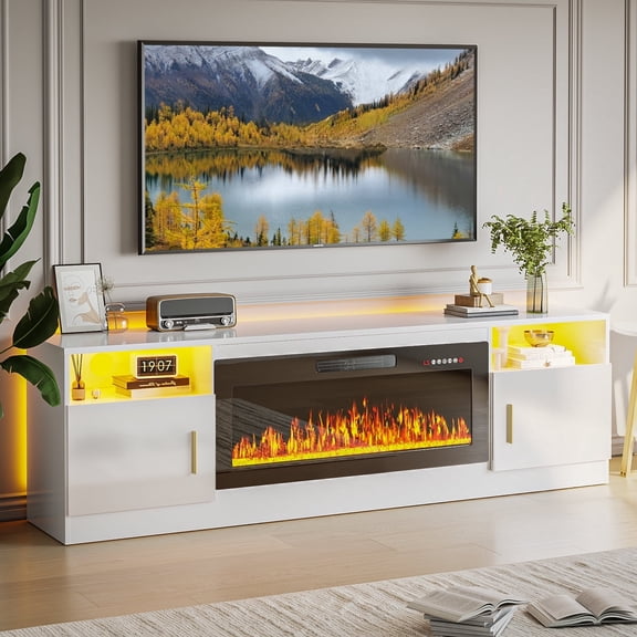 PUKAMI Fireplace tv Stand with 36 inch Fireplace Up to 80" TVs,LED Light Entertainment Center and Storage, 70" Modern Wood Media TV Console with Highlight Cabinet for Living Room